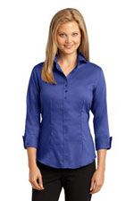 RH69 Ladies 3/4 sleeve buttton down shirt in blue