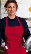 Woman wearing red full length apron